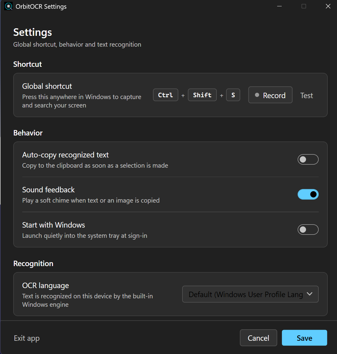 OrbitOCR Settings window showing the global shortcut recorder, behavior toggles, and OCR language picker